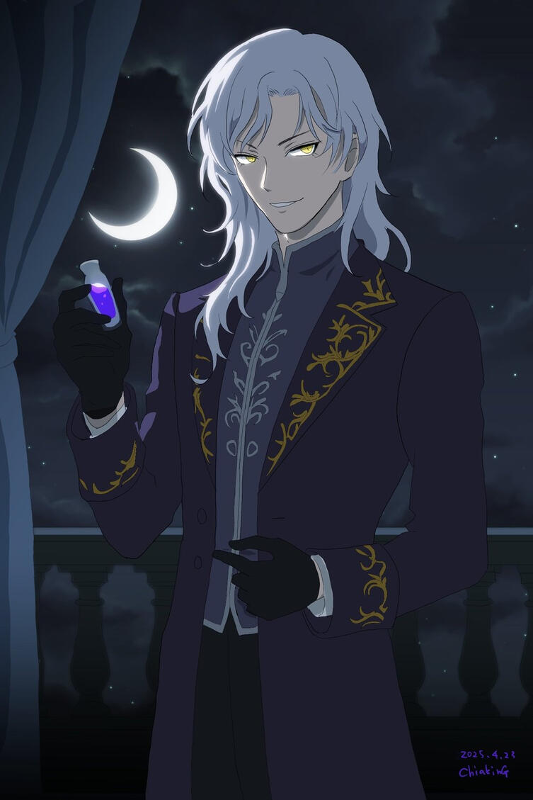 Kalevis – Moonlit Alchemist (An original character who brews secrets under a silver sky)